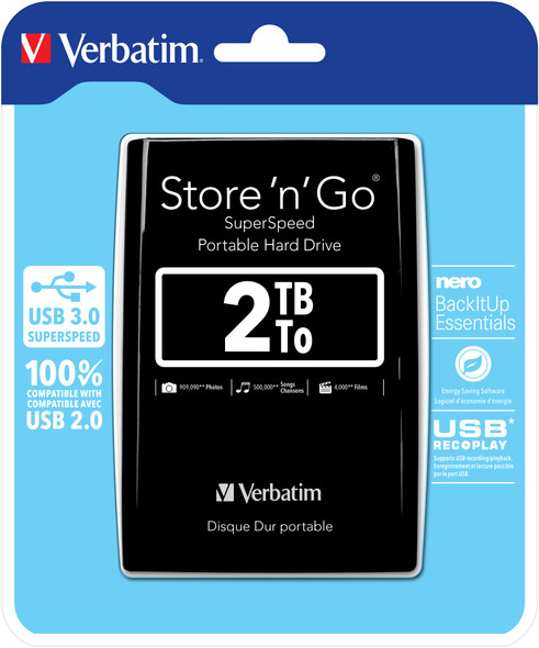 Verbatim Store 'n' Go USB 3.0 Portable Hard Drive 2TB Black 023942531777 53177