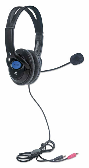 Manhattan Stereo Headset (Promo), Lightweight, adjustable microphone, in-line volume control, padded cloth ear cushions, two 3.5mm jack input plugs, cable 2m, Black, 3 year warranty, Box 766623179317 179317
