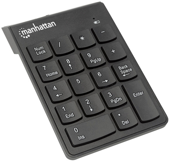 Manhattan Numeric Keypad, Wireless (2.4GHz), USB-A Micro Receiver, 18 Full Size Keys, Black, Membrane Key Switches, Auto Power Management, Range 10m, AAA Battery (included), Windows and Mac, Three Year Warranty, Blister 33967