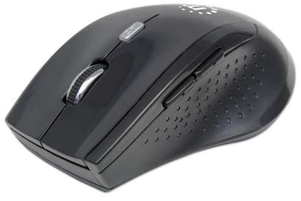 Manhattan Curve Wireless Mouse, Black, Adjustable DPI (800, 1200 or 1600dpi), 2.4Ghz (up to 10m), USB, Optical, Five Button with Scroll Wheel, USB micro receiver, 2x AAA batteries (included), Full size, Low friction base, Blister 33977