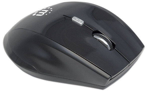 Manhattan Curve Wireless Mouse, Black, Adjustable DPI (800, 1200 or 1600dpi), 2.4Ghz (up to 10m), USB, Optical, Five Button with Scroll Wheel, USB micro receiver, 2x AAA batteries (included), Full size, Low friction base, Blister 33977