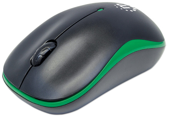 Manhattan Success Wireless Mouse, Black/Green, 1000dpi, 2.4Ghz up to 10m, USB, Optical, Three Button with Scroll Wheel, USB micro receiver, AA battery included, Low friction base, Three Year Warranty, Blister 179393 766623179393