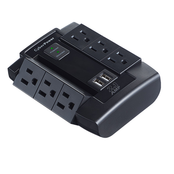 Cyberpower Systems 2-2.1A USB PORTS 6 OUTLETS SWIVEL WALL TAP PLUG 1200 JOULES $75K CEG CSP600WSU 649532610686