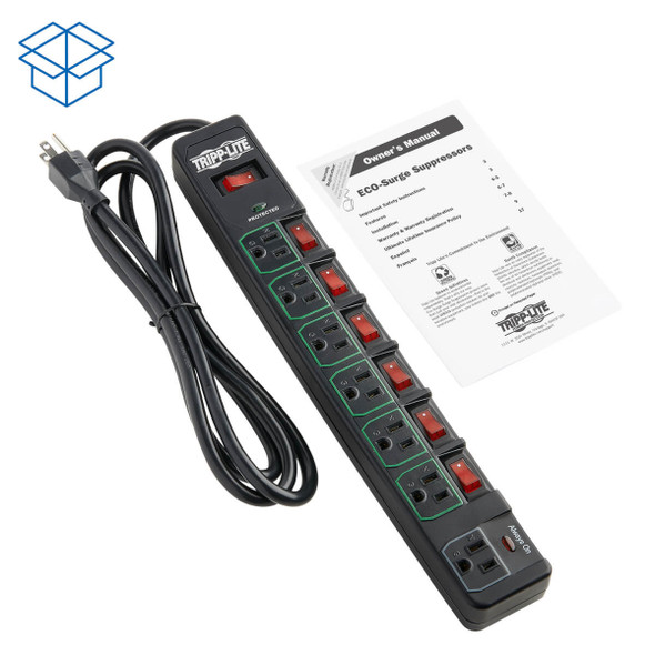 Tripp Lite ECO-Surge 7-Outlet Surge Protector, 6 ft. Cord, 1080 Joules, 6 Individually Controlled Outlets, Black Housing TLP76MSGB 037332205810