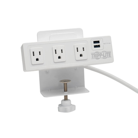 Tripp Lite 3-Outlet Surge Protector with 2 USB Ports, 10 ft. Cord – 510 Joules, Desk Clamp, White Housing TLP310USBCW 037332224897