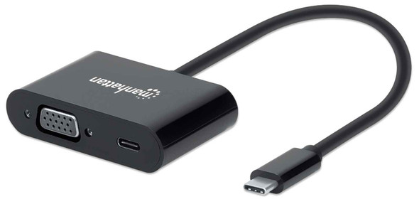 Manhattan USB-C to VGA and USB-C (inc Power Delivery), 1080p@60Hz, 19.5cm, Black, Power Delivery to USB-C Port (60W), Equivalent to Startech CDP2VGAUCP, Male to Female, Lifetime Warranty, Retail Box 153430 766623153430