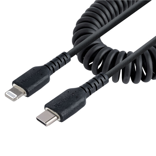 StarTech.com USB C to Lightning Cable 20in / 50cm, MFi Certified, Coiled iPhone Charger Cable, Black, Durable TPE Jacket Aramid Fiber, Heavy Duty Coil Lightning Cable RUSB2CLT50CMBC 065030893640