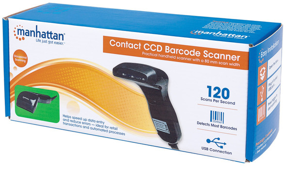 Manhattan Contact CCD Handheld Barcode Scanner, USB, 80mm Scan Width, Cable 152cm, Max Ambient Light: 3,000 lux (sunlight), Black, Three Year Warranty, Box 401517 766623401517