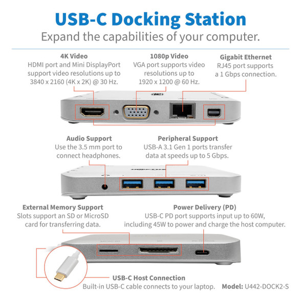 Tripp-Lite AC U442-DOCK4-S USB-C Docking Station w USB Hub mDP HDMI VGA GbE PD