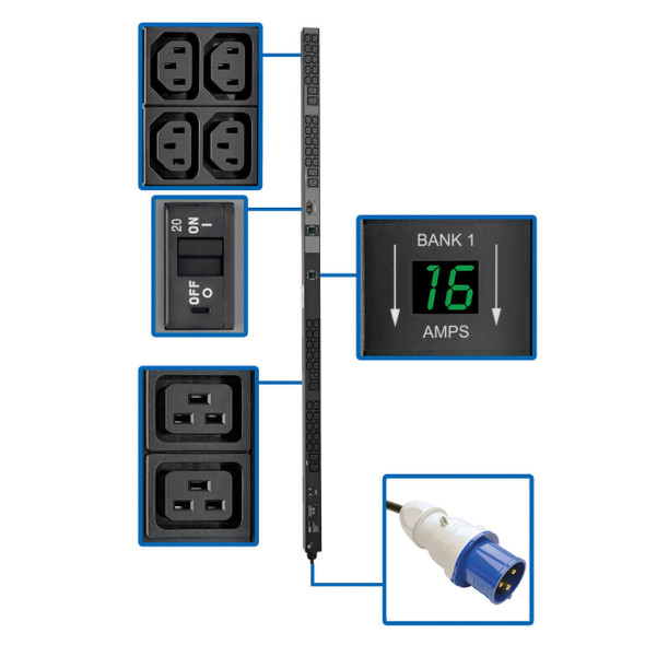 Tripp Lite PDUMV32HV 7.7kW Single-Phase Local Metered PDU, 200-240V Outlets (8 C19 and 40 C13), IEC-309 32A Blue Input, 10 ft. (3.05 m) Cord, 0U Vertical, TAA, 70 in. PDUMV32HV 037332182814