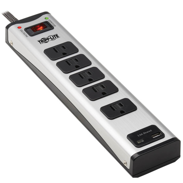 Tripp Lite 5-Outlet Surge Protector with 1 USB-A and 1 USB-C (3.9A Shared) - 6 ft. Cord, 2100 Joules, Metal Housing TLM506USBC 037332260062