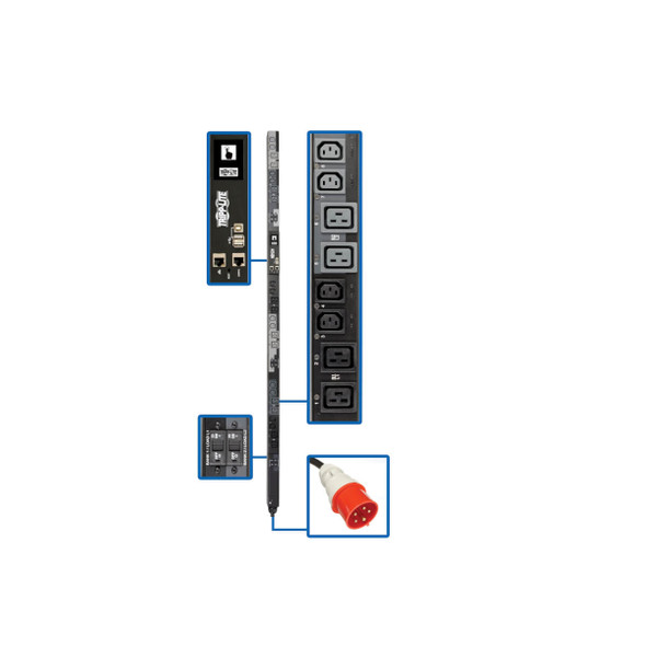 Tripp Lite PDU3XEVSR6G32A 23kW 220-240V 3PH Switched PDU - LX Interface, Gigabit, 24 Outlets, IEC 309 32A Red 380-415V Input, Outlet Monitoring, LCD, 1.8 m Cord, 0U 1.8 m Height, TAA PDU3XEVSR6G32A 037332206831