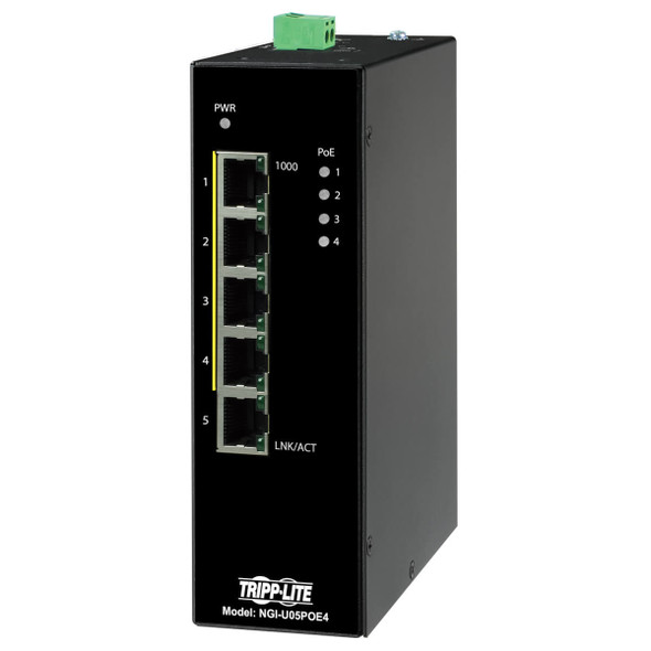 Tripp Lite NGI-U05POE4 5-Port Unmanaged Industrial Gigabit Ethernet Switch - 10/100/1000 Mbps, PoE+ 30W, -10° to 60°C, DIN Mount NGI-U05POE4 037332266033