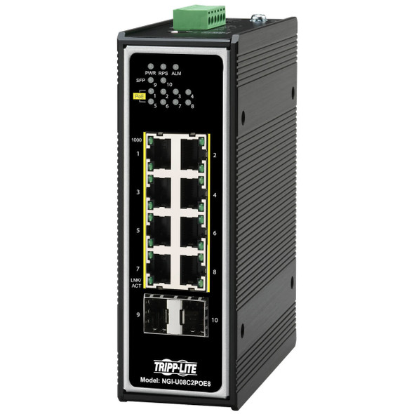 Tripp Lite NGI-U08C2POE8 8-Port Unmanaged Industrial Gigabit Ethernet Switch - 10/100/1000 Mbps, PoE+ 30W, 2 GbE SFP Slots, -40° to 75°C, DIN Mount NGI-U08C2POE8 037332266040