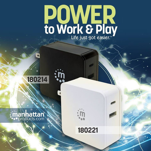 Manhattan Wall/Power Charger (Euro 2-pin), USB-C and USB-A ports, USB-C Output: 60W / 3A, USB-A Output: 2.4A, White, Three Year Warranty, Box 180221 766623180221