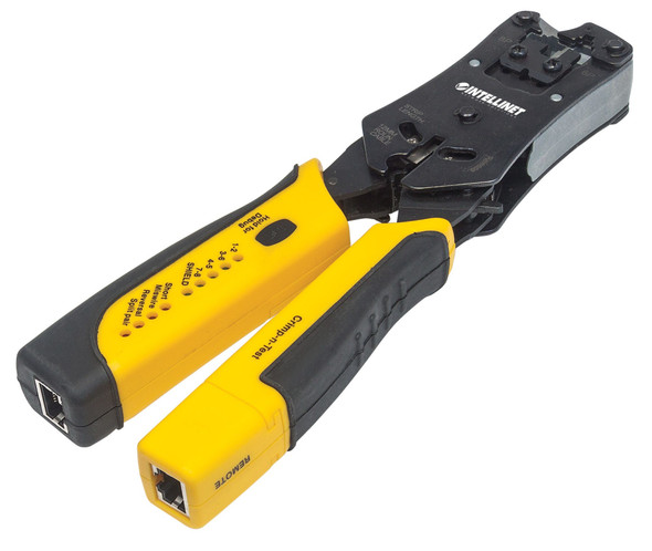 Intellinet Universal Modular Plug Crimping Tool and Cable Tester, 2-in-1 Crimper and Cable Tester: Cuts, Strips, Terminates and Tests, RJ45/RJ11/RJ12/RJ22 780124 766623780124