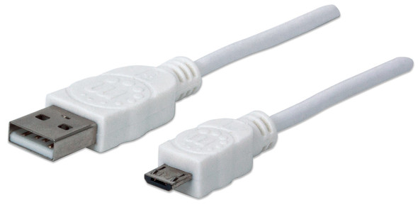 Manhattan USB-A to Micro-USB Cable, 1m, Male to Male, White, 480 Mbps (USB 2.0), Equivalent to Startech USBPAUB1MW, Hi-Speed USB, Lifetime Warranty, Polybag 323987 766623323987