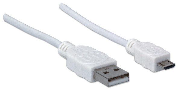 Manhattan USB-A to Micro-USB Cable, 1.8m, Male to Male, 480 Mbps (USB 2.0), Hi-Speed USB, White, Lifetime Warranty, Polybag 324069 766623324069