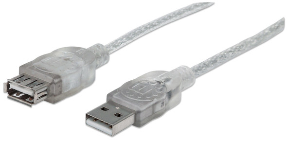 Manhattan USB-A to USB-A Extension Cable, 4.5m, Male to Female, 480 Mbps (USB 2.0), Hi-Speed USB, Translucent Silver, Lifetime Warranty, Polybag 340502 766623340502