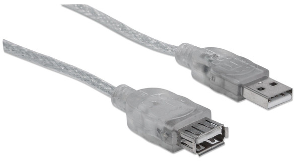 Manhattan USB-A to USB-A Extension Cable, 4.5m, Male to Female, 480 Mbps (USB 2.0), Hi-Speed USB, Translucent Silver, Lifetime Warranty, Polybag 340502 766623340502