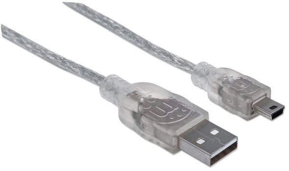 Manhattan USB-A to Mini-USB Cable, 1.8m, Male to Male, Translucent Silver, 480 Mbps (USB 2.0), Equivalent to Startech USB2HABM6 (except colour), Hi-Speed USB, Lifetime Warranty, Polybag 333412 766623333412