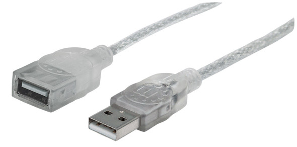 Manhattan USB-A to USB-A Extension Cable, 1.8m, Male to Female, 480 Mbps (USB 2.0), Hi-Speed USB, Translucent Silver, Lifetime Warranty, Polybag 336314 766623336314