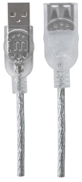 Manhattan USB-A to USB-A Extension Cable, 1.8m, Male to Female, 480 Mbps (USB 2.0), Hi-Speed USB, Translucent Silver, Lifetime Warranty, Polybag 336314 766623336314
