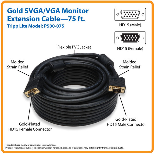 Tripp Lite P500-075 VGA High-Resolution RGB Coaxial Cable (HD15 M/F)), 75 ft. (22.86 m) P500-075 037332125163
