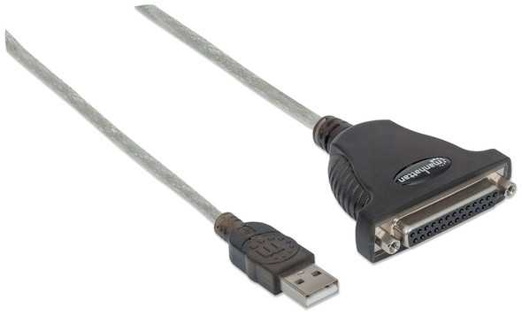 Manhattan USB-A to Parallel Printer DB25 Converter Cable, 1.8m, Male to Female, 1.2Mbps, IEEE 1284, Bus power, Black, Three Year Warranty, Blister 336581 766623336581