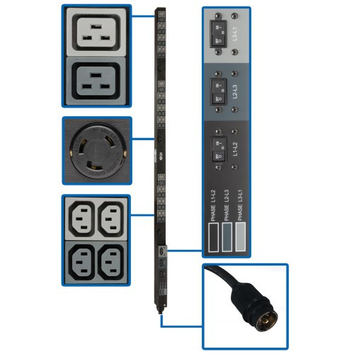 Tripp Lite 14.4kW 208V 3-Phase Basic PDU - 45 Outlets (36 C13, 3 C19, 3 L6-30R), Hubbell 50A CS8365C Input, 6 ft. Cord, 70 in. 0U, TAA PDU3V6H50A 037332255716