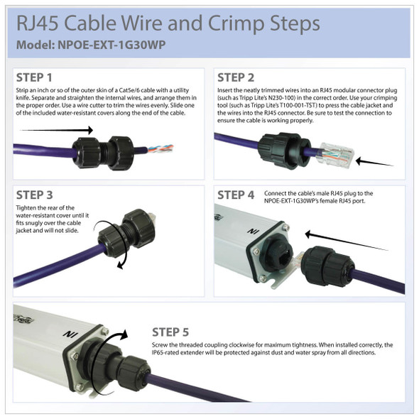 Tripp Lite NPOE-EXT-1G30WP Gigabit Ethernet PoE/PoE+ Extender, Water Resistant - Cat5e/6/6a, IP65, IEEE 802.3at/af, 30W, 1 Port NPOE-EXT-1G30WP 037332236135