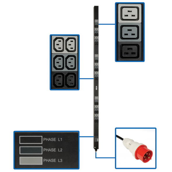 Tripp Lite PDU3XV6G20 11.5kW 3-Phase Basic PDU - 45 208-240V Outlets (36 C13, 9 C19), IEC 309 16/20A Red 360-415V Input, 6 ft. Cord, 70 in. 0U, TAA PDU3XV6G20 037332255679