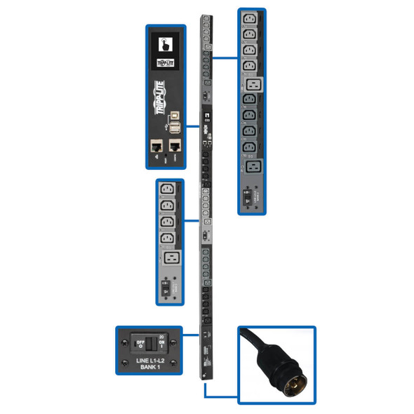 Tripp Lite 14.5kW 3-Phase Monitored Per-Outlet PDU - LX Platform, 24 C13 & 6 C19 Outlets (208/240V), 50A CS8365C, 0U, TAA PDU3EVNR6H50 037332242235