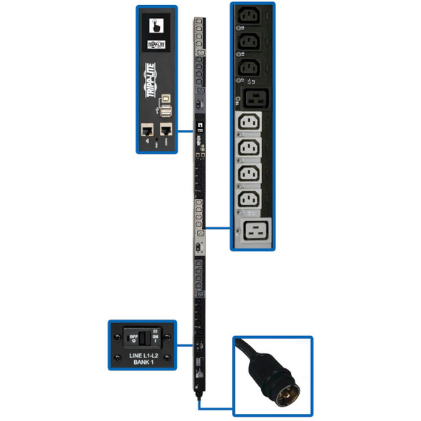 Tripp Lite 10kW 3-Phase PDU, Vertical, Switched, 0U, 24 IEC C13, 6 IEC C19 to L21-30P - 6 ft. Cord, LX Platform, TAA PDU3EVS6L2130 037332206732