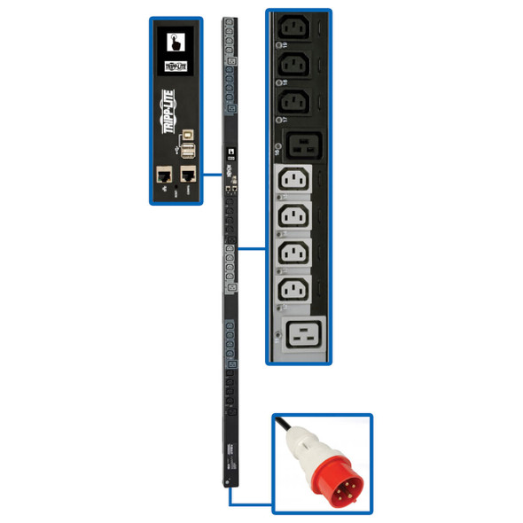 Tripp Lite PDU3XEVSR6G20 11.5kW 208-240V 3PH Switched PDU - LX Interface, Gigabit, 30 Outlets, IEC 309 16/20A Red 360-415V Input, Outlet Monitoring, LCD, 1.8 m Cord, 0U 1.8 m Height, TAA PDU3XEVSR6G20 037332206749