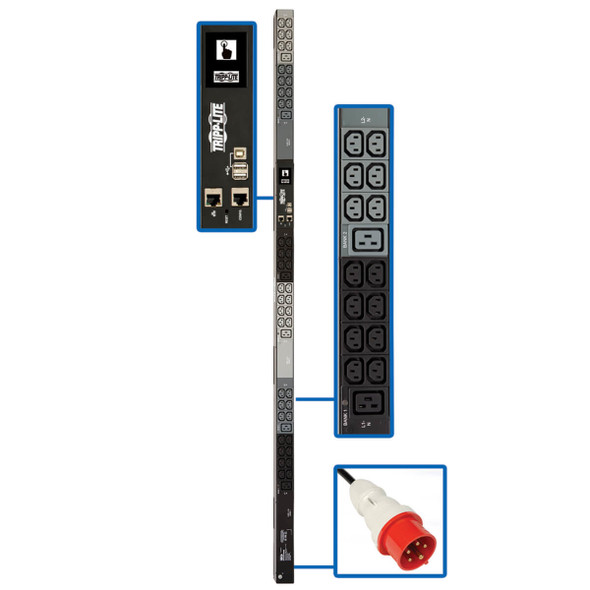 Tripp Lite PDU3XEVN6G20 11.5kW 208-240V 3PH Monitored PDU - LX Interface, Gigabit, 48 Outlets, IEC 309 16/20A Red 360-415V Input, LCD, 1.8 m Cord, 0U 1.8 m Height, TAA PDU3XEVN6G20 037332206923