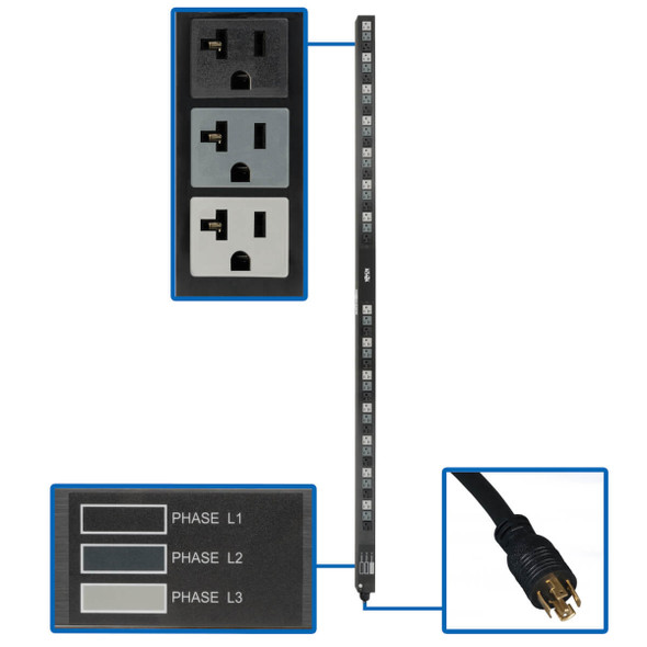 Tripp Lite 5.7kW 3-Phase Basic PDU - 42 NEMA 5-15/20R 120V Outlets, 208V L21-20P Input, 6 ft. Cord, 70 in. 0U Rack, TAA PDU3V6L2120LV 037332255709