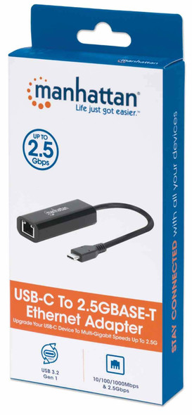 Manhattan USB-C to 2.5GBASE-T Gigabit (10/100/1000 Mbps & 2.5 Gbps) RJ45 Network Adapter, Equivalent to Startech US2GC30, Multi-Gigabit Ethernet, Black, Three Year Warranty, Box 153300 766623153300