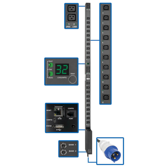 Tripp Lite PDUMV32HVNETLX 7.7kW Single-Phase Switched PDU with LX Platform Interface, 230V Output, IEC 309 32A Blue, 10 ft. (3.05 m) Cord, 0U, TAA PDUMV32HVNETLX 037332202352