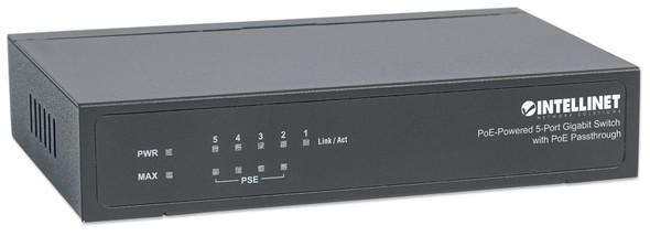 Intellinet PoE-Powered 5-Port Gigabit Switch with PoE Passthrough, 4 x PSE PoE ports, 1 x PD PoE port, IEEE 802.3at/af Power-over-Ethernet (PoE+/PoE), IEEE 802.3az Energy Efficient Ethernet, Desktop (Euro 2-pin plug) 561082 766623561082
