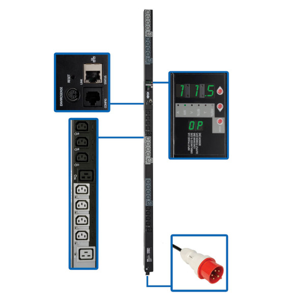 Tripp Lite PDU3XVS6G20 11.5kW 3-Phase Switched PDU, 208-240V Outlets (24 C13, 6 C19), IEC309 16/20A Red 360-415V Input, 0U, TAA PDU3XVS6G20