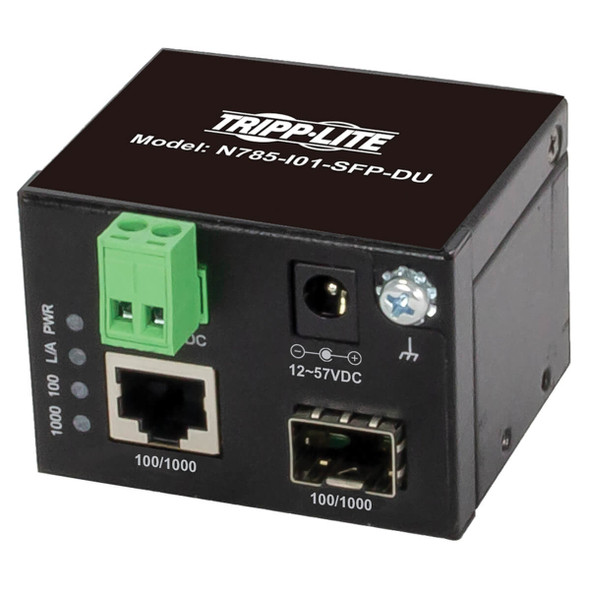 Tripp Lite Unmanaged Industrial Gigabit Fiber to Ethernet Media Converter, 10/100/1000 Mbps, RJ45/SFP, -40° to 75°C, DC Power N785-I01-SFP-DU 037332268594