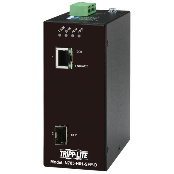 Tripp Lite Hardened Gigabit Fiber to Ethernet Media Converter, 10/100/1000 Mbps, RJ45/SFP, -10° to 60°C, DC Power N785-H01-SFP-D 037332268570