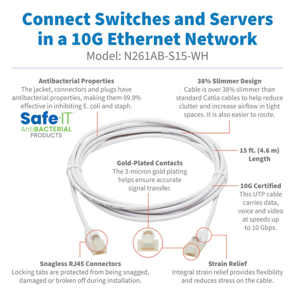 Tripp Lite N261AB-S15-WH Safe-IT Cat6a 10G-Certified Snagless Antibacterial Slim UTP Ethernet Cable (RJ45 M/M), White, 15-ft. (4.57 m) N261AB-S15-WH 037332260499