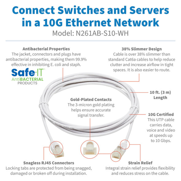 Tripp Lite N261AB-S10-WH Safe-IT Cat6a 10G-Certified Snagless Antibacterial Slim UTP Ethernet Cable (RJ45 M/M), White, 10 ft. (3.05 m) N261AB-S10-WH 037332260482