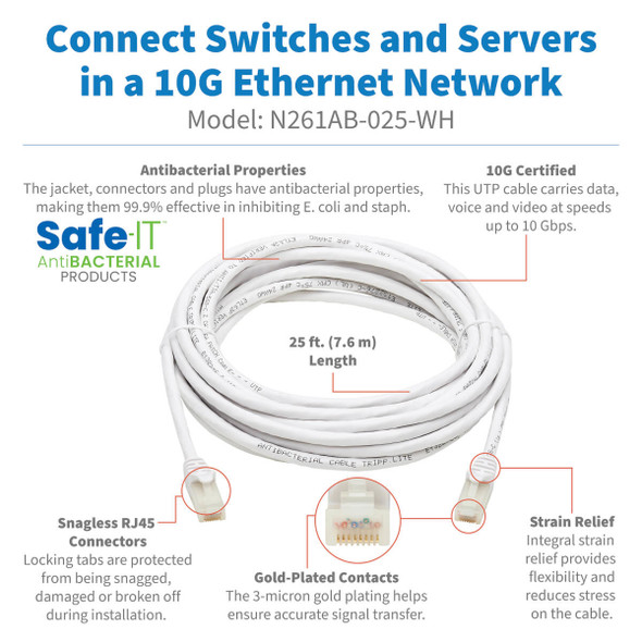 Tripp Lite N261AB-025-WH Safe-IT Cat6a 10G Certified Snagless Antibacterial UTP Ethernet Cable (RJ45 M/M), White, 25-ft. (7.62 m) N261AB-025-WH 037332259837
