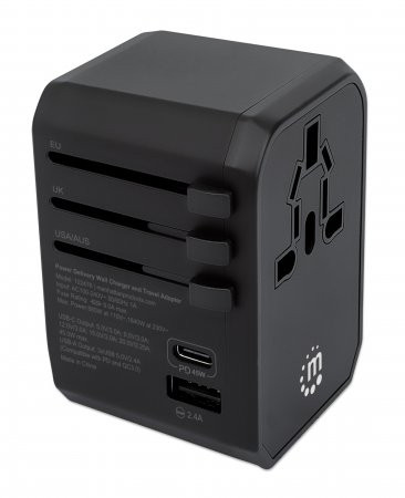 Manhattan Wall/Power Travel Adapter, Wall Charger plus 1x USB-C and 3x USB-A Ports, For use with plugs in over 210 countries, Power Delivery to USB-C Port (45W), Overload Overcurrent Overheat Protection, 3 Year Warranty, Box, 102476 766623102476