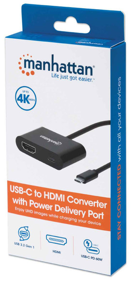 Manhattan USB-C to HDMI and USB-C (inc Power Delivery), 4K@60Hz, 19.5cm, Black, Power Delivery to USB-C Port (60W), Equivalent to Startech CDP2HDUCP, Male to Females, Lifetime Warranty, Retail Box 153416 766623153416
