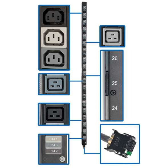 Tripp Lite 8.6/12.6kW 3-Phase Vertical PDU Strip, 208V Outlets (42 C13 & 12 C19), 0U Rack-Mount, Accessory for Select ATS PDUs PDU3V20D354A