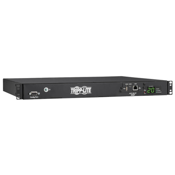 Tripp Lite PDUMNH20HVAT1 3.8kW 200–240V Single-Phase ATS/Monitored PDU - 8 C13 and 2 C19 Outlets, Dual C20 Inlets, 12 ft. Cords, Network Card, 1U, TAA PDUMNH20HVAT1 037332261410